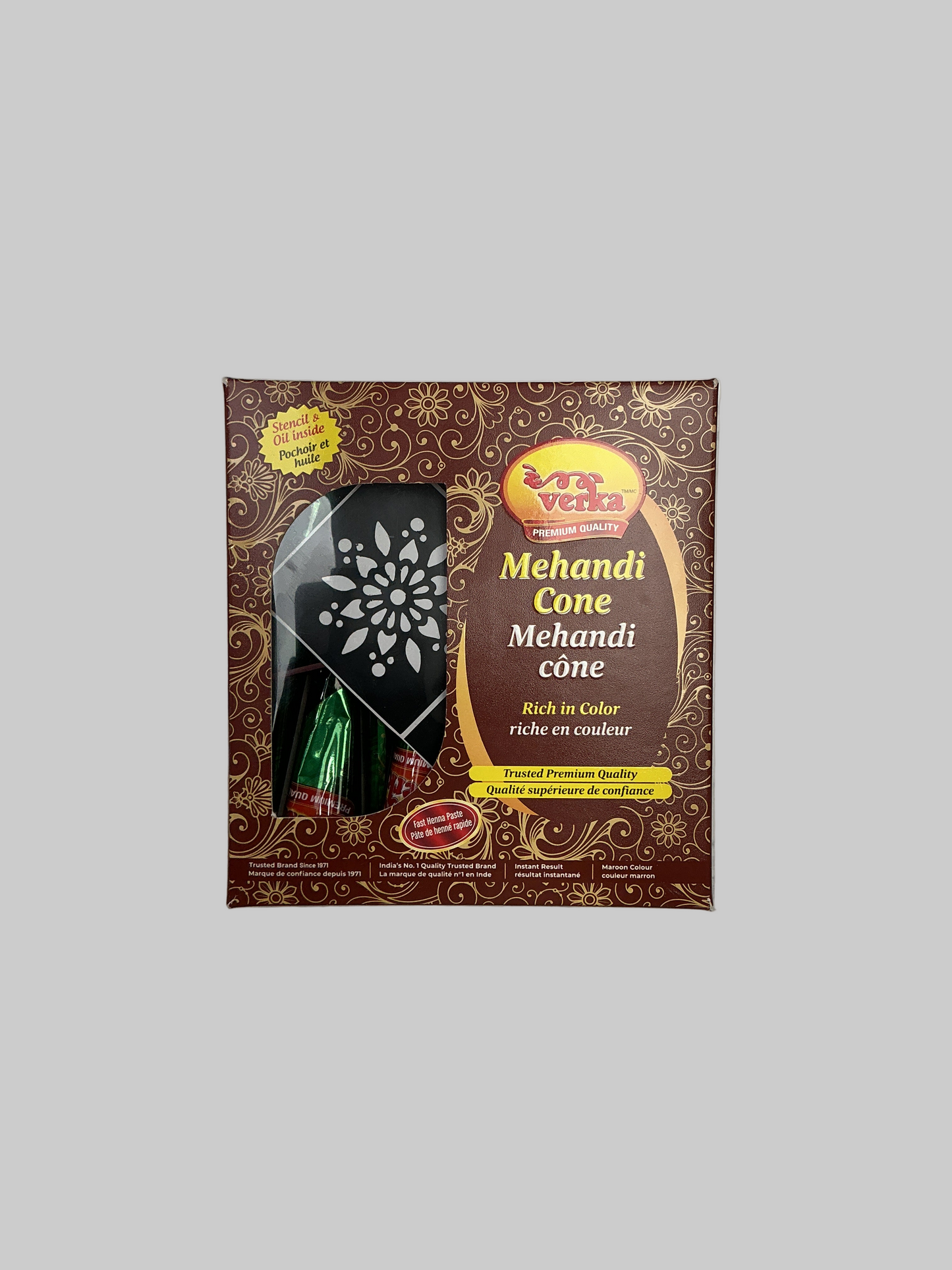 Packaged product of Mehndi Cone with decorative design on a gray background