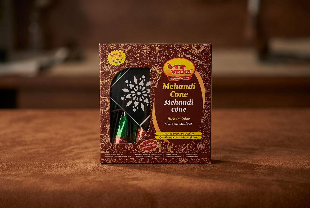 Packaged product of Mehndi Cone with decorative design on a gray background