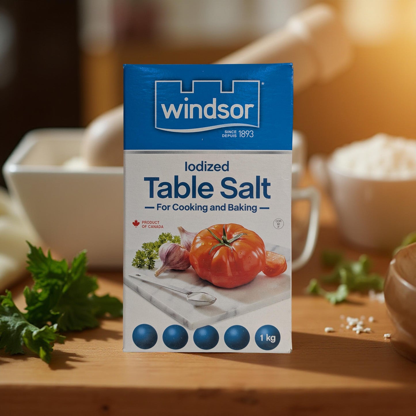 Windsor iodized table salt packaging on a wooden surface with kitchen items in the background