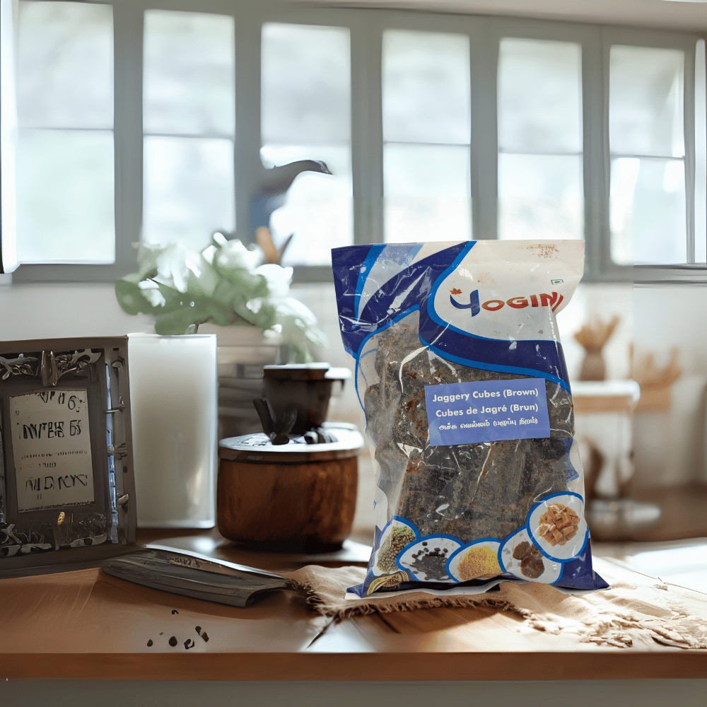 Bag of yogini jaggery cubes on a table with a blurred background