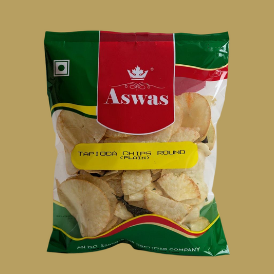 Packaged tapioca chips with Aswas branding on a beige background