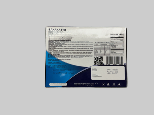 Back view of a banana fry packaging with text and labels on a gray background