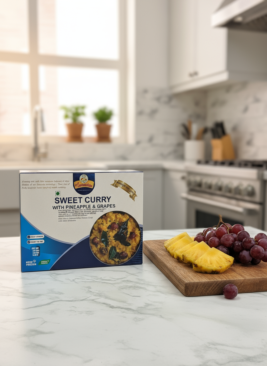 Box of Sweet Curry with Pineapple and Grapes on a kitchen counter