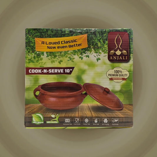 Anjali cookware packaging with a pot on a wooden surface