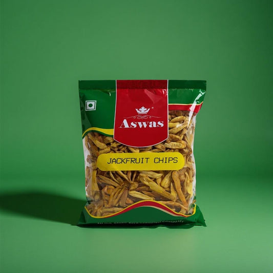 Packaged jackfruit chips with 'Aswas' branding on a green background