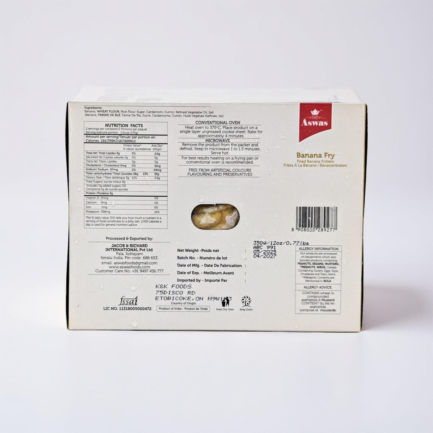 Back view of a food packaging box with nutritional information and branding on a white background