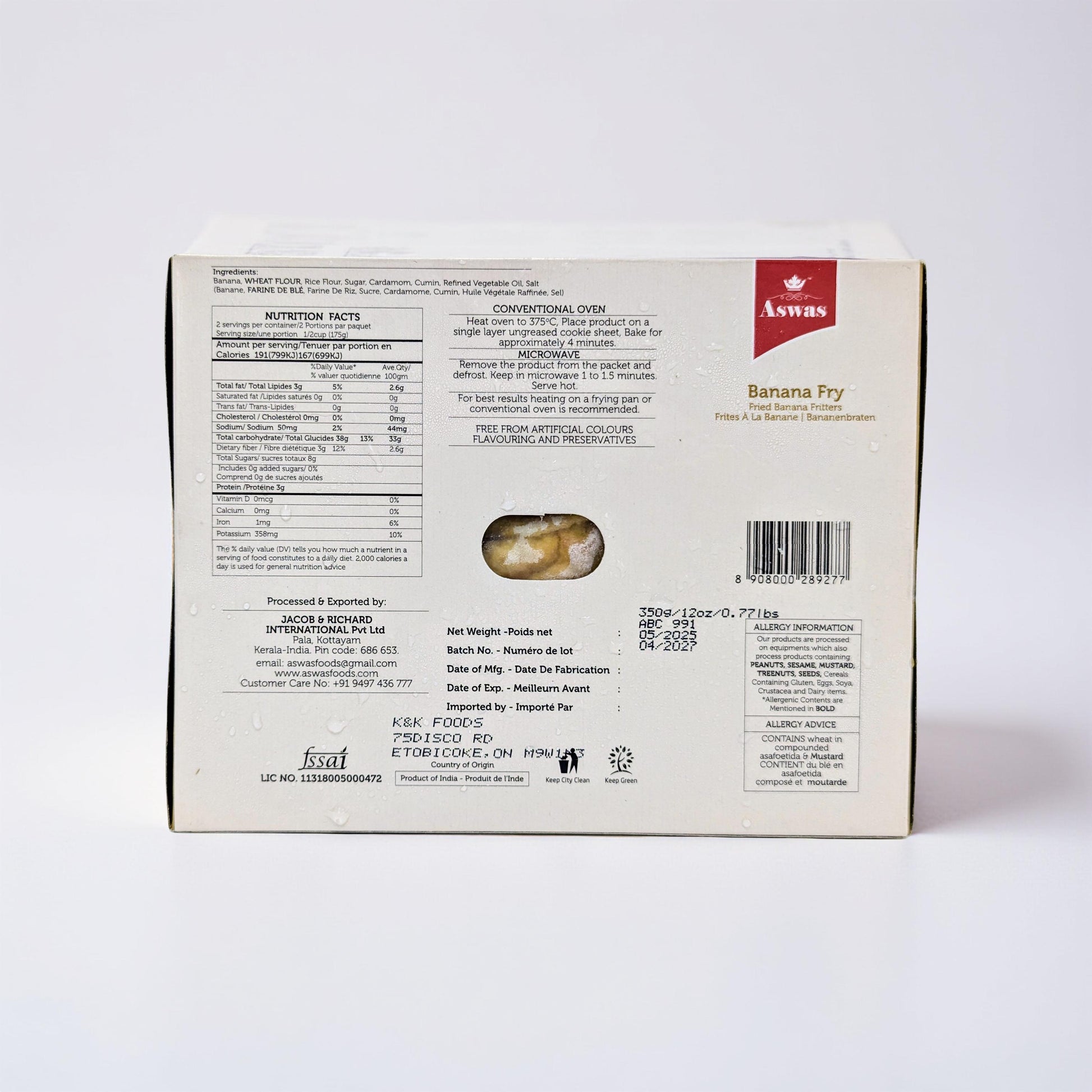 Back view of a food packaging box with nutritional information and branding on a white background