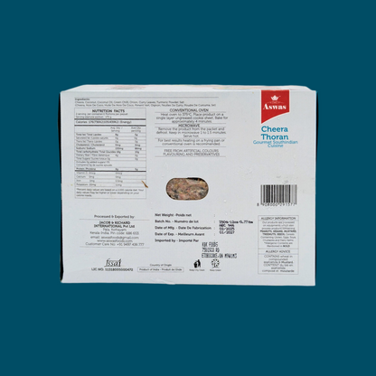 Back of a food packaging box with brand logo and text on a blue background