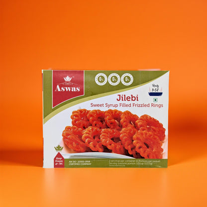 Box of Aswas Jilebi on an orange background