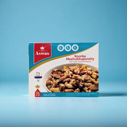 Aswas brand packaging of Koorka Mezhukkupuratty on a blue background