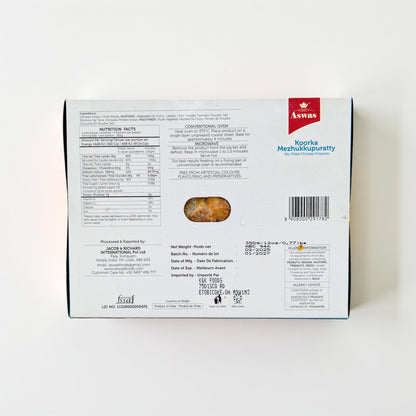 Back view of a food product packaging with text and a barcode on a white background