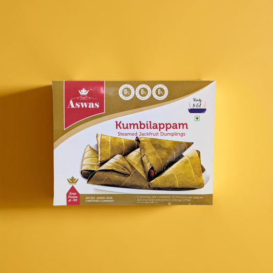 Box of Aswas Kumbilappam steamed jackfruit dumplings on a yellow background