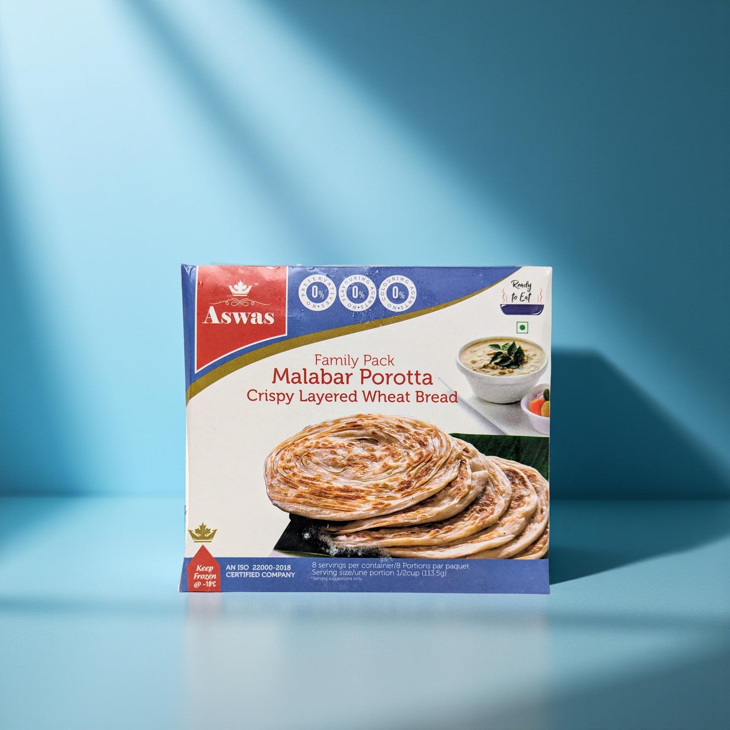 Aswast family pack of Malabar Porotta on a blue background