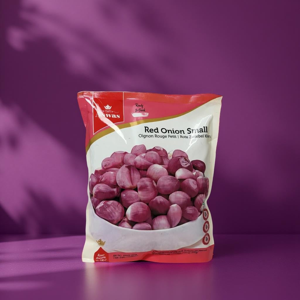 Bag of red onions with a brand logo on a purple background