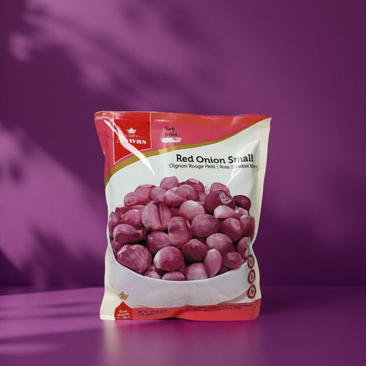 Bag of red onions with a brand logo on a purple background