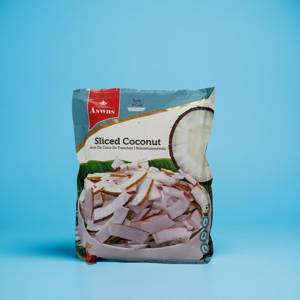 Bag of Aswas sliced coconut on a blue background