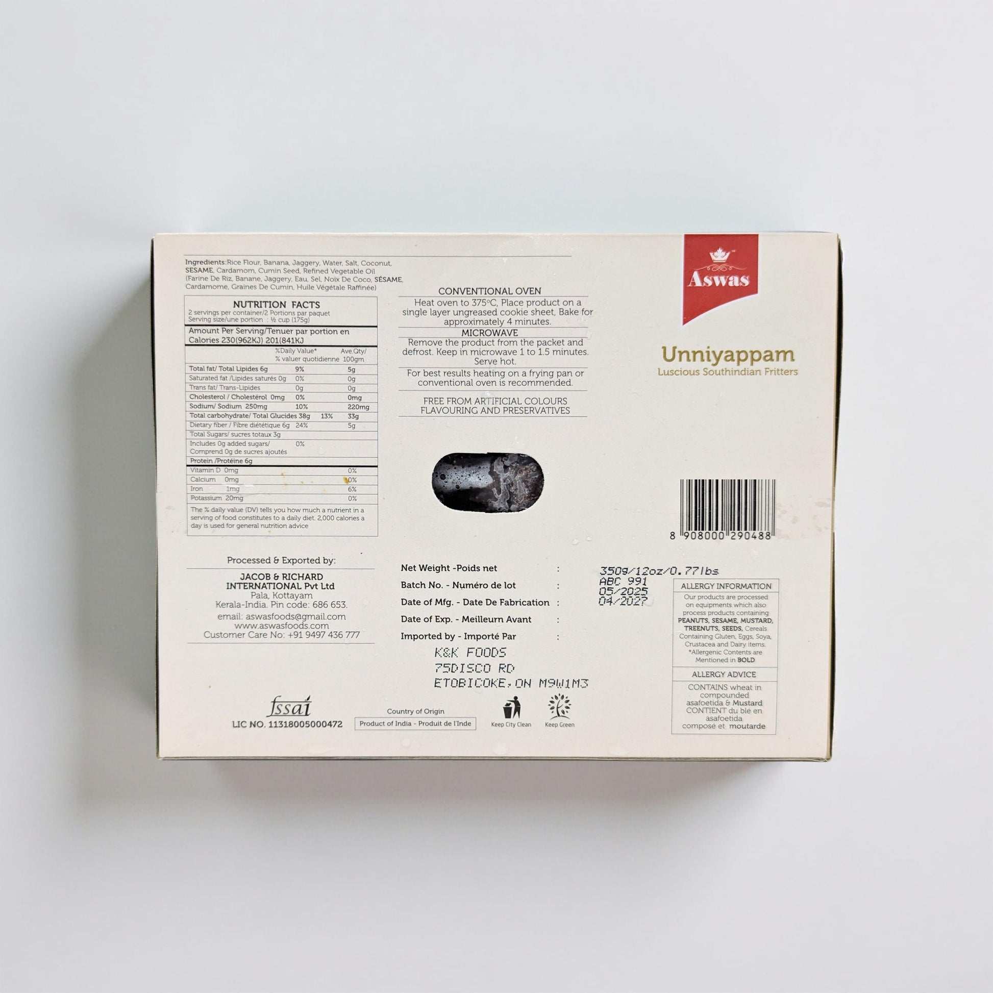 Back of a food packaging box with nutritional information and branding on a white background