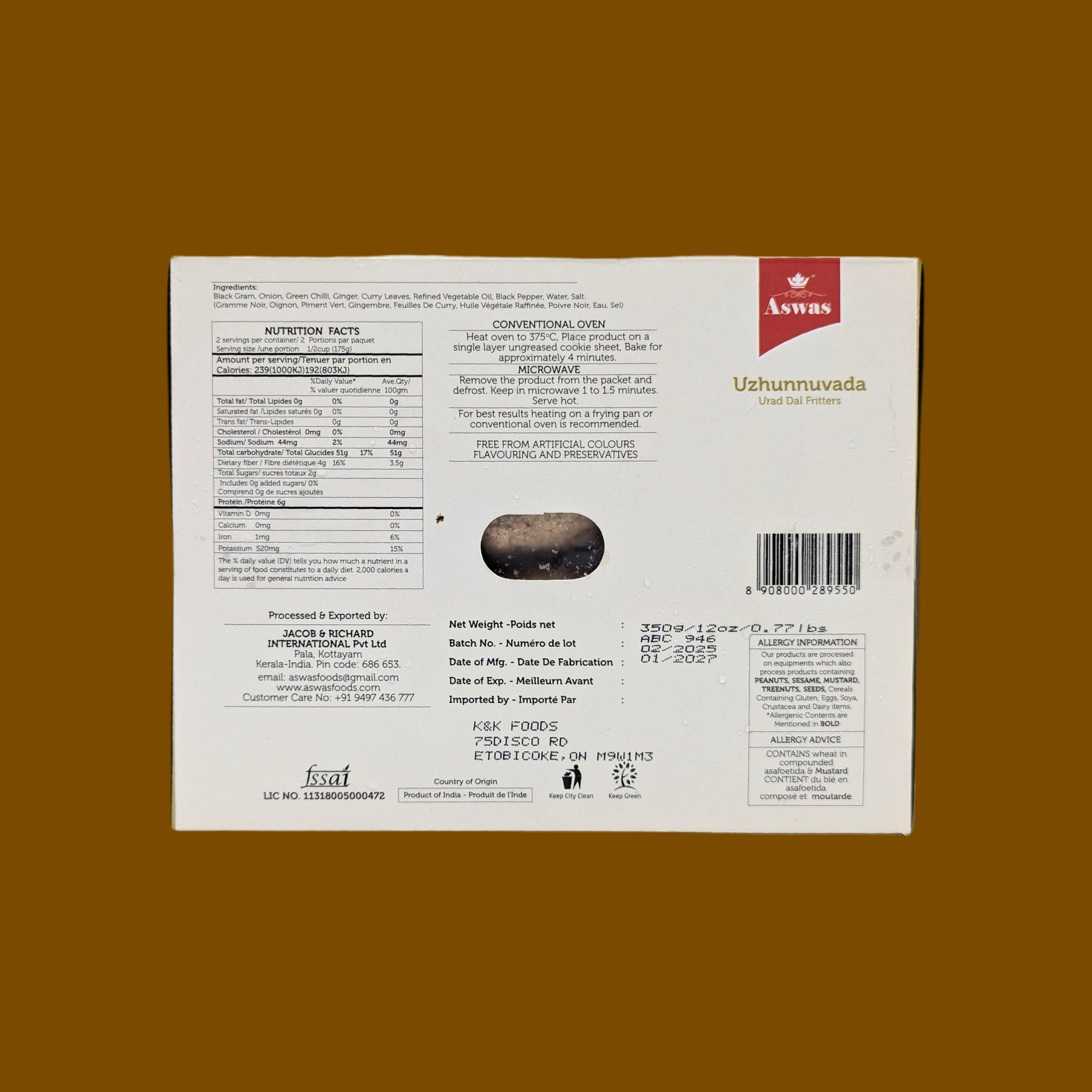 Back of a food packaging box with text and a barcode on a brown background