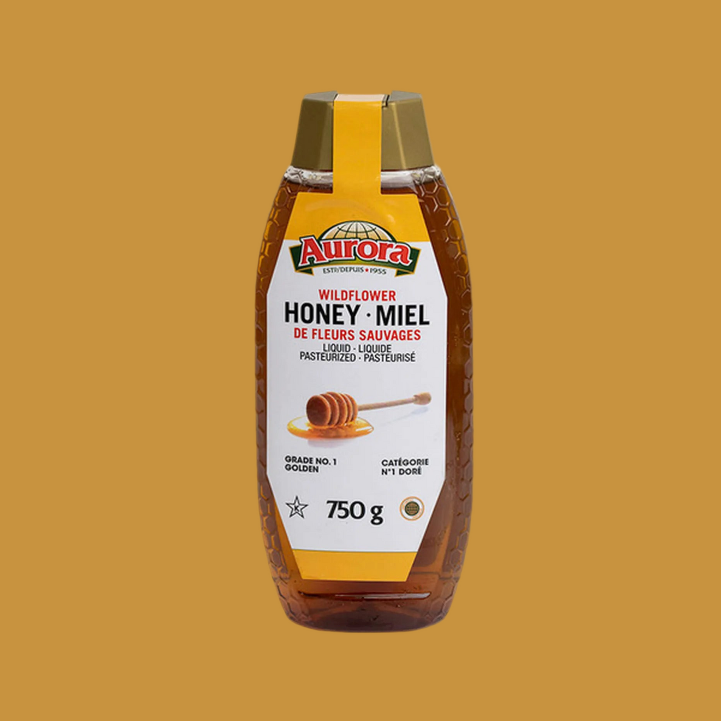 Aurora wildflower honey bottle on a mustard yellow background