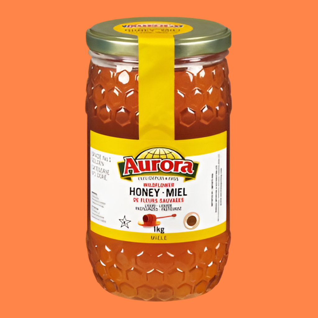 Jar of Aurora honey on an orange background