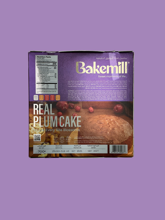 Bakemill Real Plum Cake packaging on a purple background