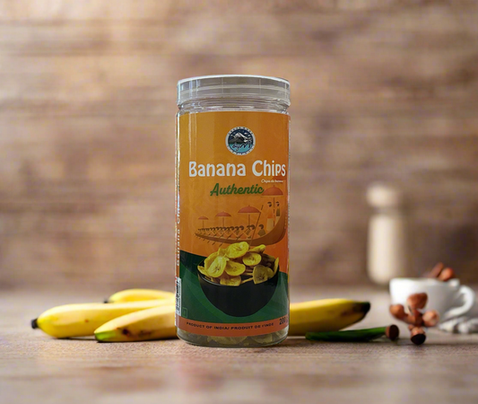 Jar of banana chips with a rustic background