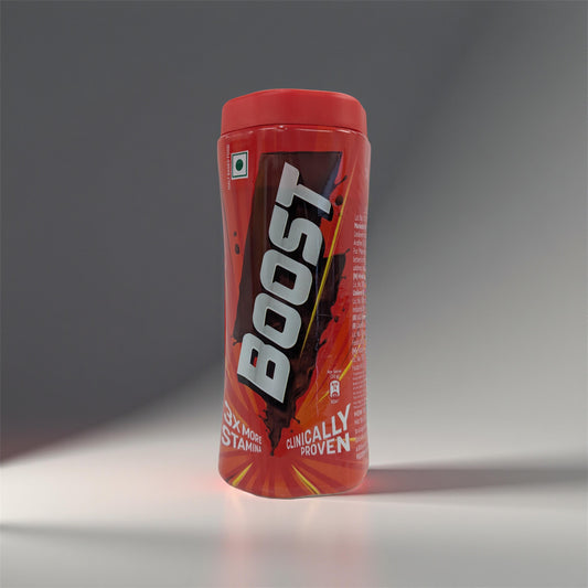 Red Boost energy drink container on a gray background