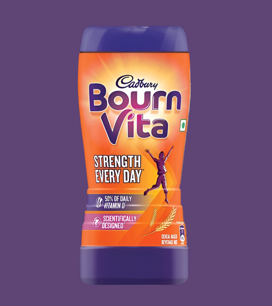 Cadbury Bourn Vita supplement bottle on a purple background