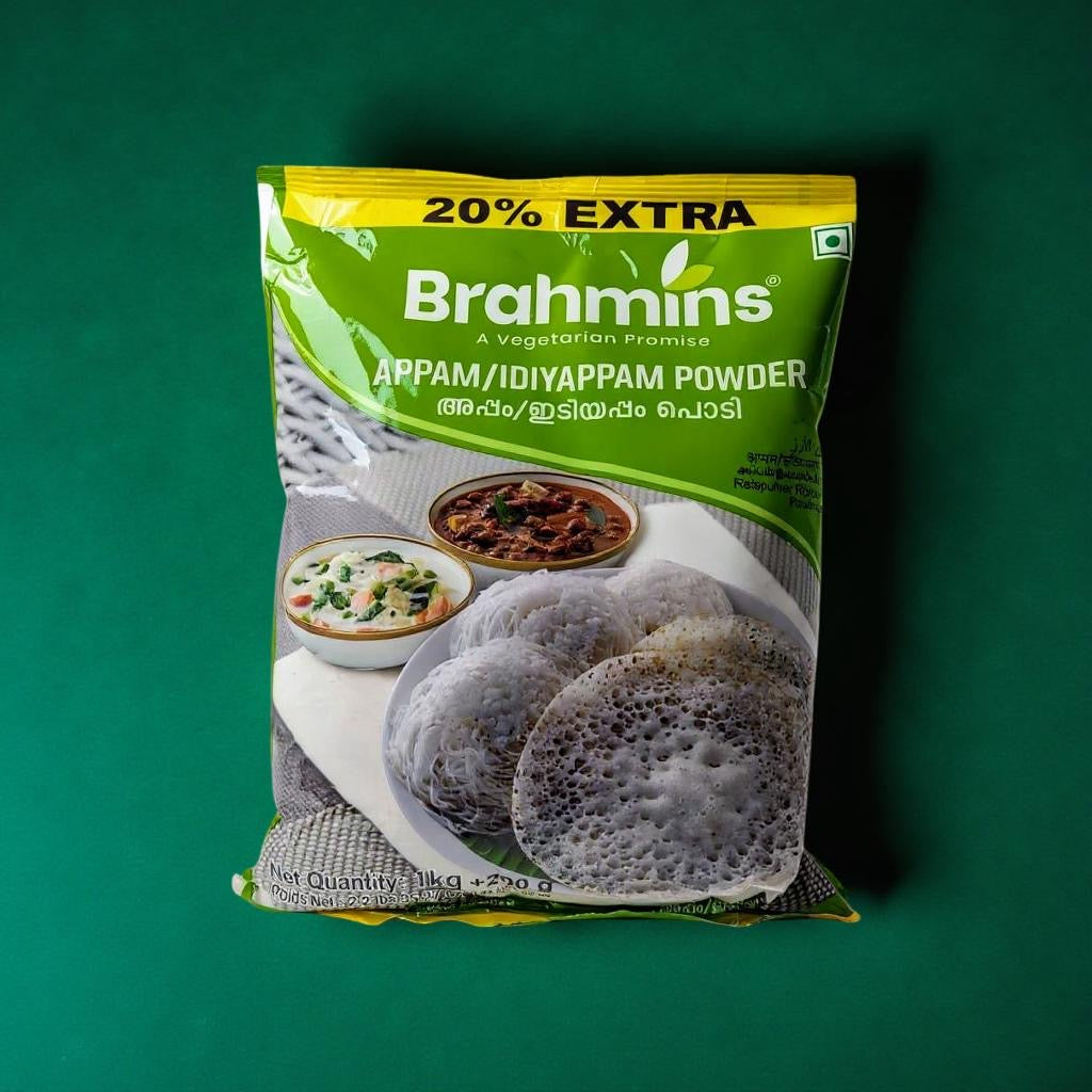 Brahmins Appam/Idiyappam Powder packaging on a green background