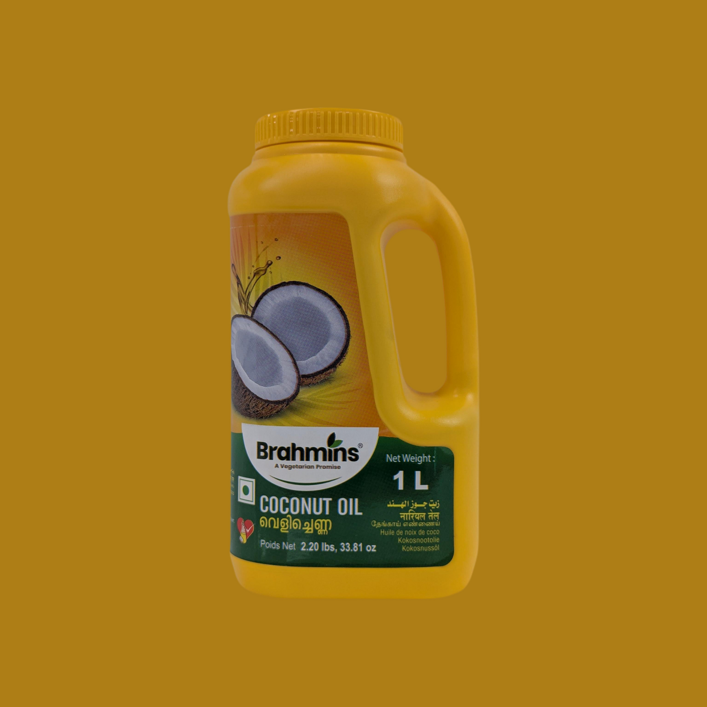 Brahmins coconut oil container on a yellow background