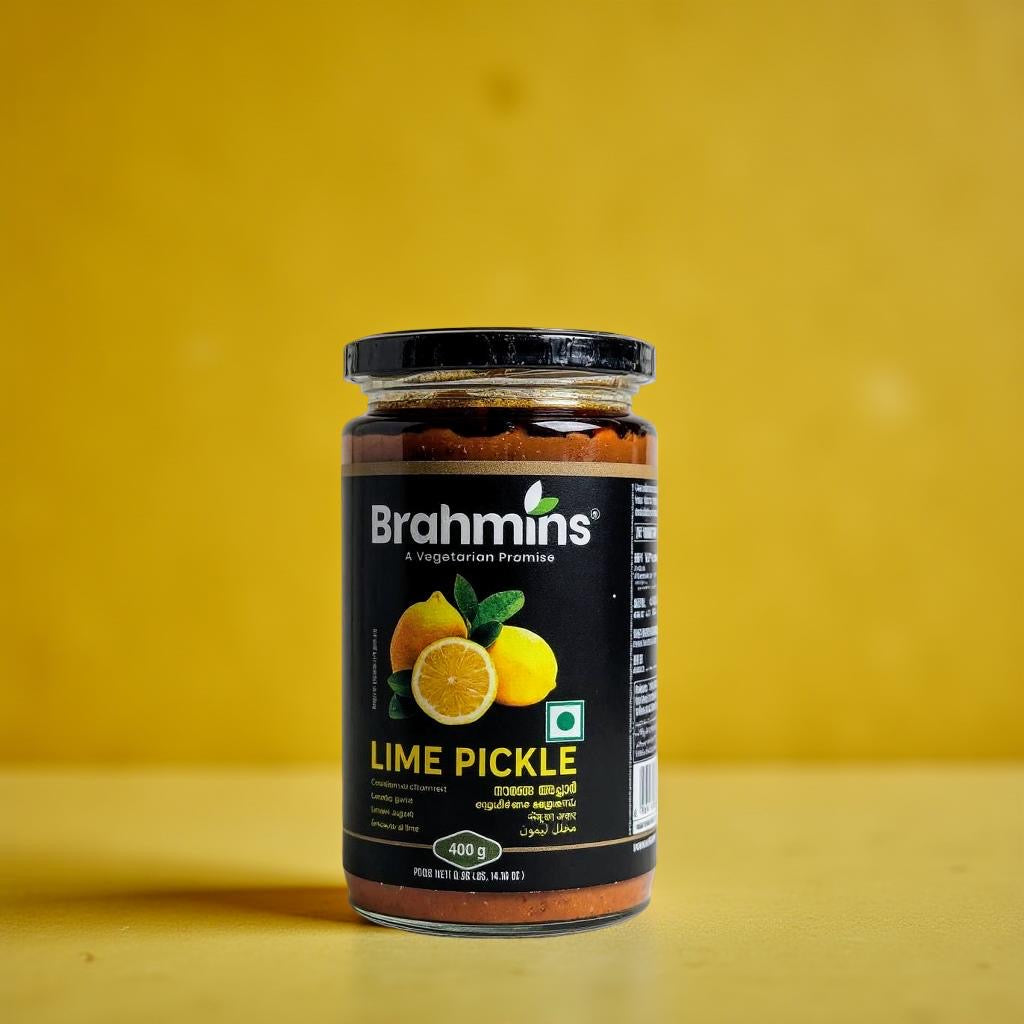 Jar of Brahmins Lime Pickle on a yellow background