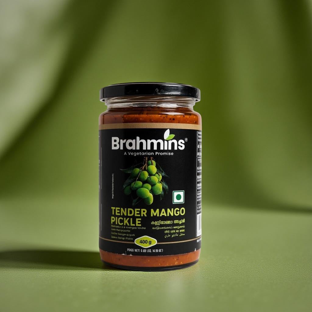 Jar of Brahmins Tender Mango Pickle on a green background