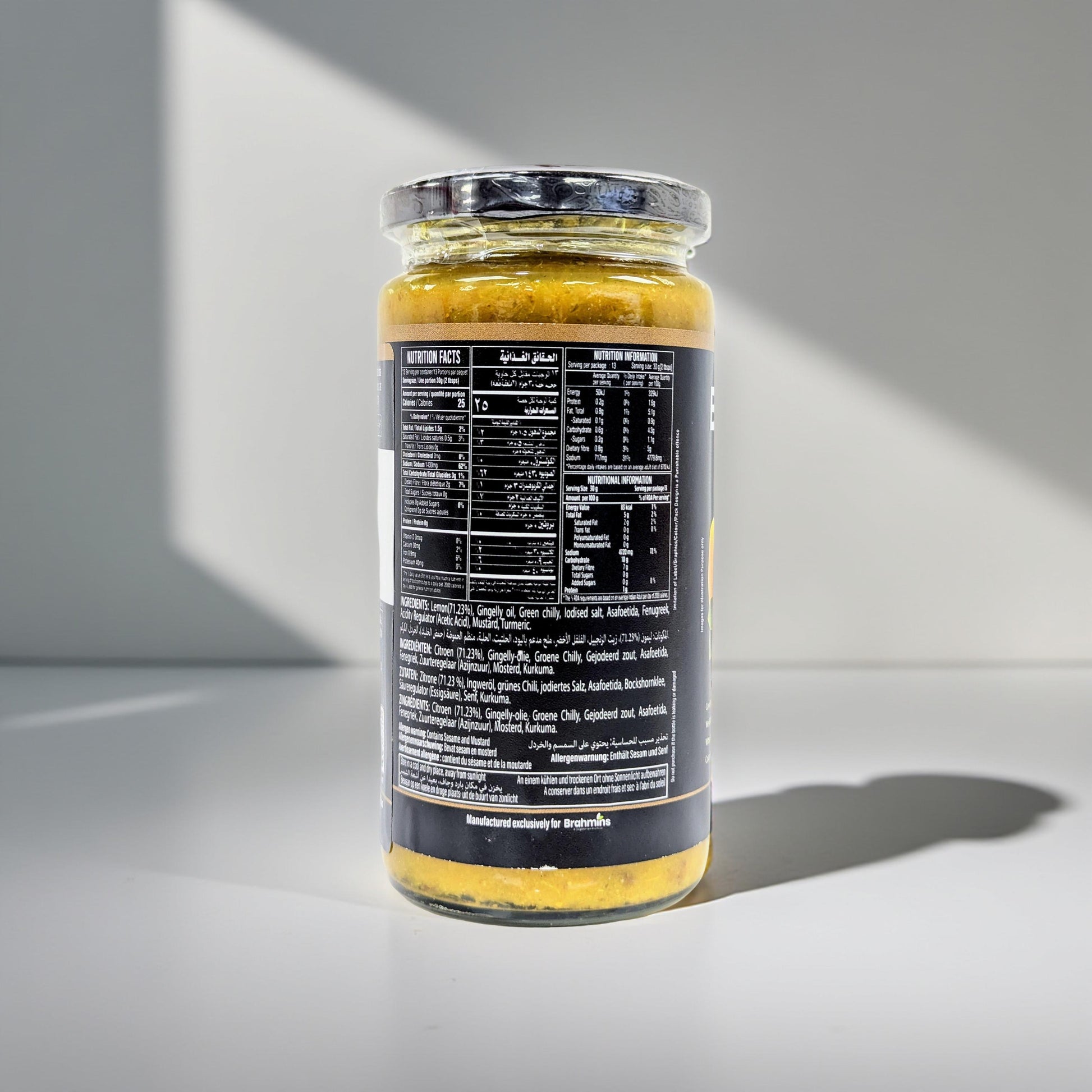 Jar of food with nutritional information label on a gray background