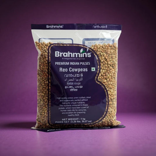 Bag of Brahmins Premium Indian Pulses Reo Cowpeas on a purple background