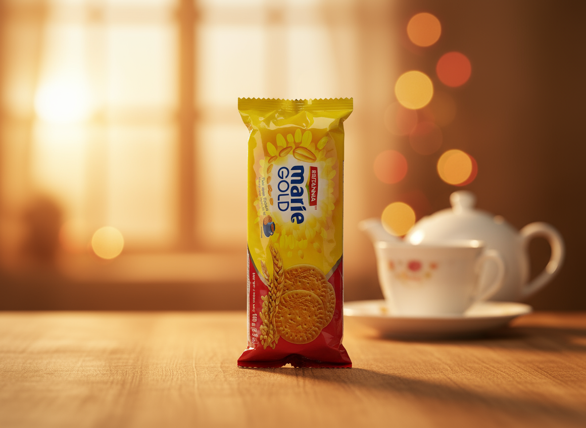Marie Gold cookies package on a wooden table with a blurred tea set in the background