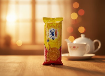 Marie Gold cookies package on a wooden table with a blurred tea set in the background