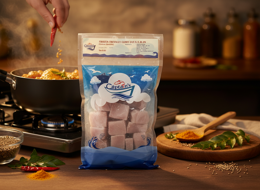 Caravan brand frozen chicken cutlets package on a kitchen counter with cooking ingredients.