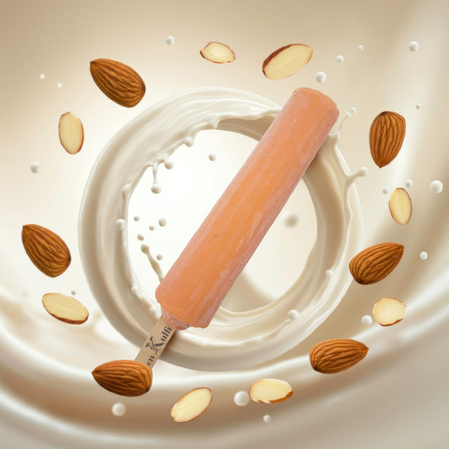 Peach-colored popsicle with almonds on a beige background