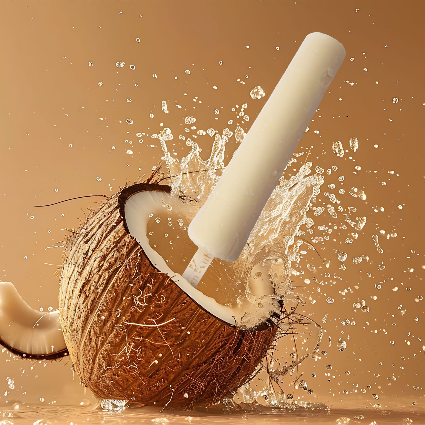 Coconut being cracked open with a hammer against a brown background