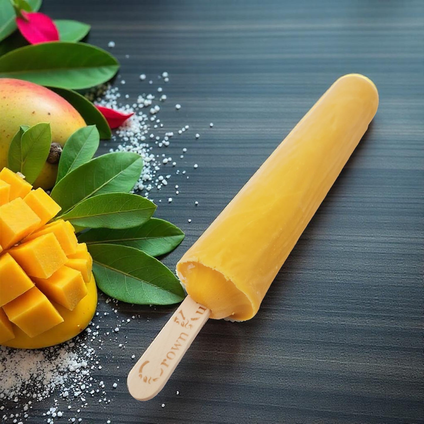 Mango popsicle next to a halved mango on a dark surface with green leaves.
