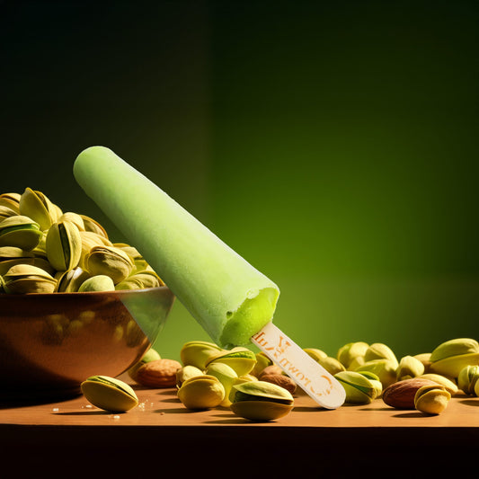 Green ice cream bar with pistachios on a wooden surface against a green background