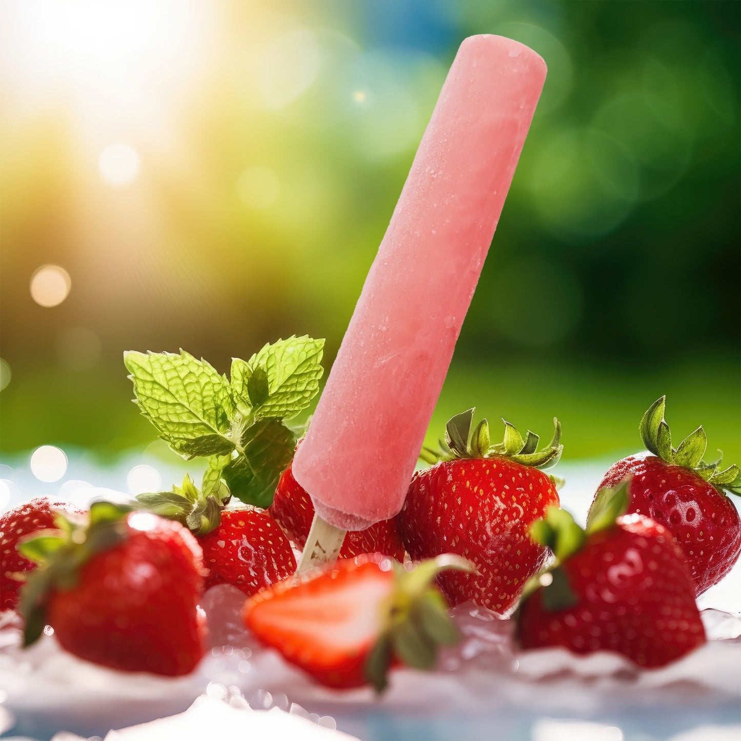 Pink popsicle on strawberries with a blurred green and yellow background