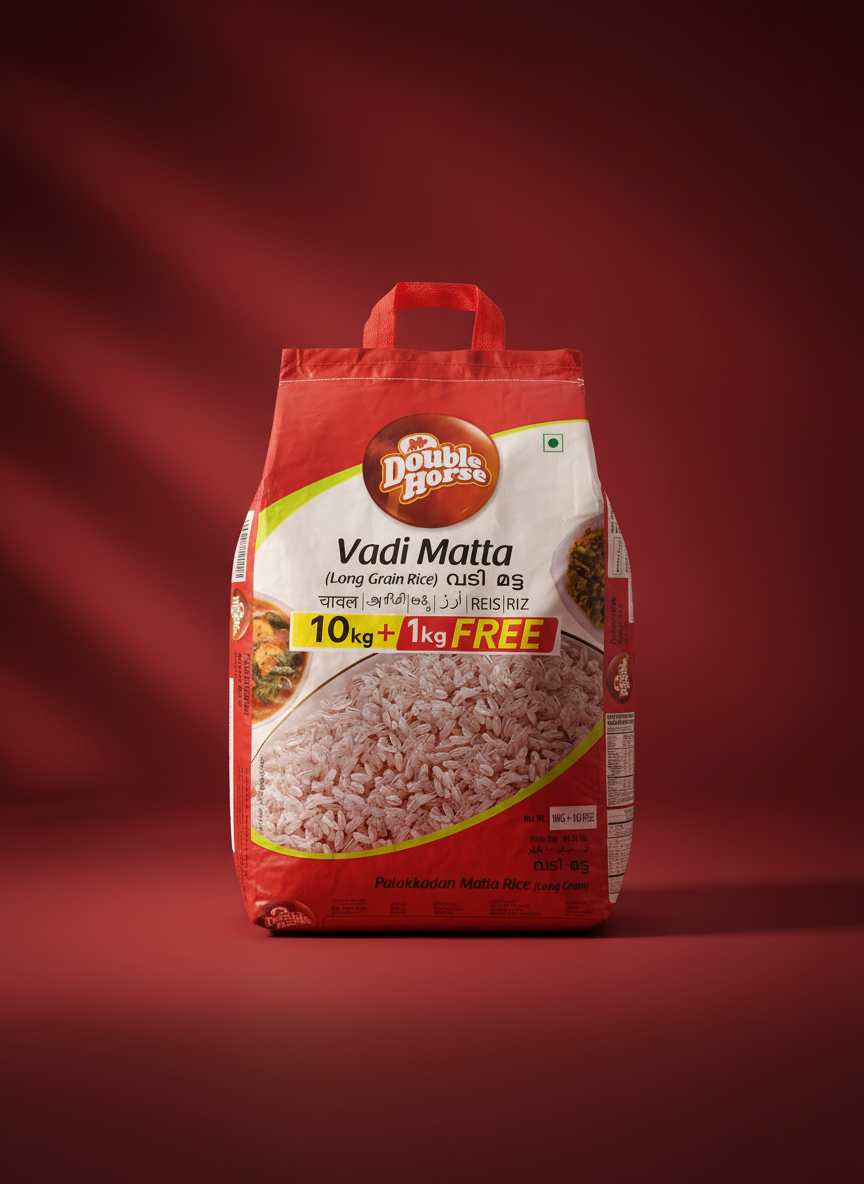 Red bag of Double Horse Vadi Matta rice on a red background