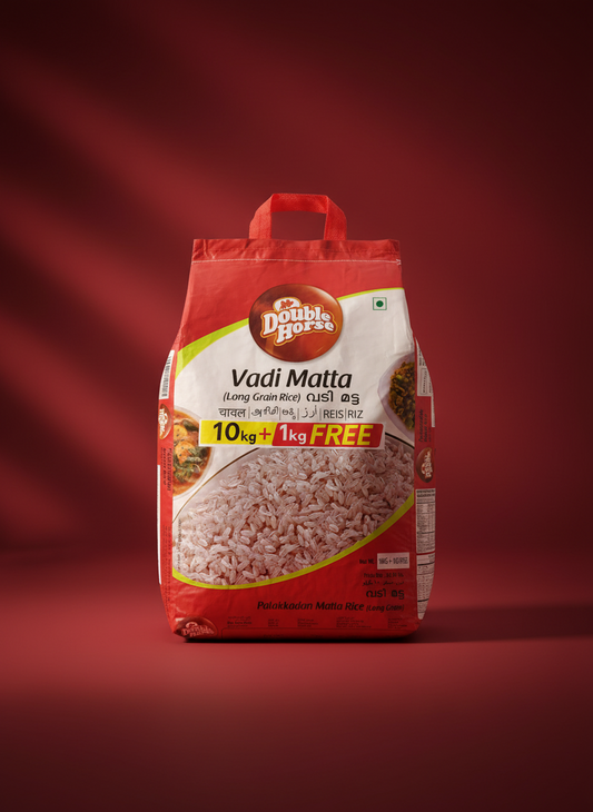 Red bag of Double Horse Vadi Matta rice on a red background