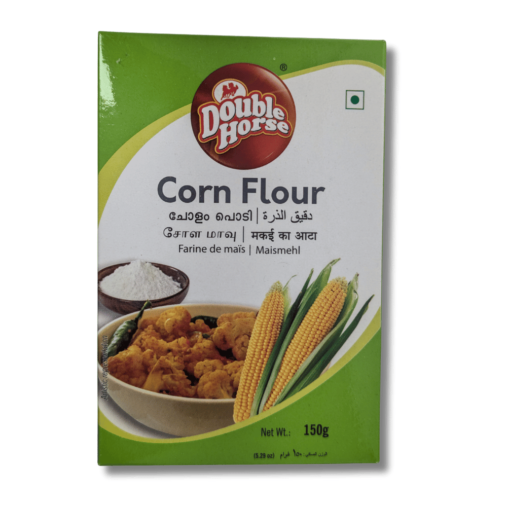 Double Horse Corn Flour packaging with a bowl of fried food and corn on a green background