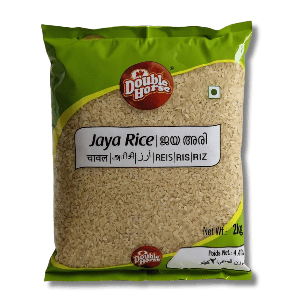 Packaged rice with Double Horse branding on a green background