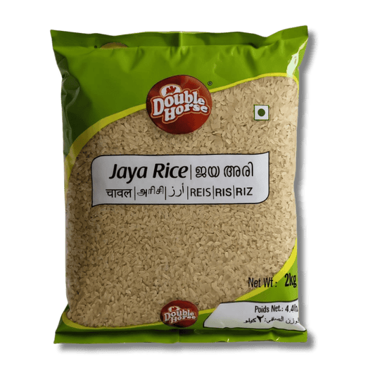 Packaged rice with Double Horse branding on a green background