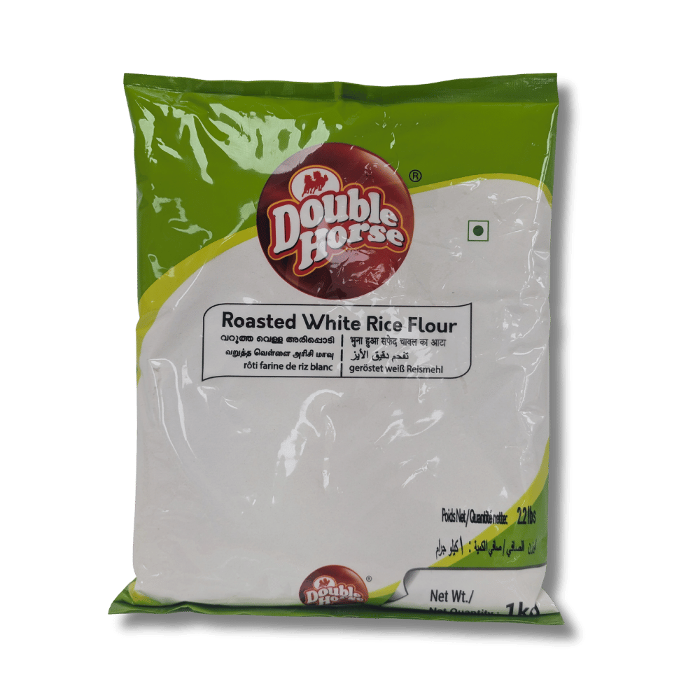 Packaging of Double Horse Roasted White Rice Flour on a green background