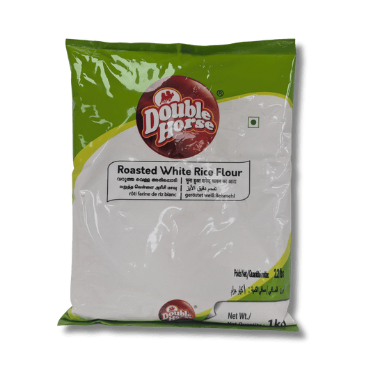 Packaging of Double Horse Roasted White Rice Flour on a green background