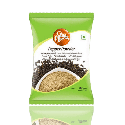 Green package of Double Horse Pepper Powder with black pepper and ground pepper on a white background